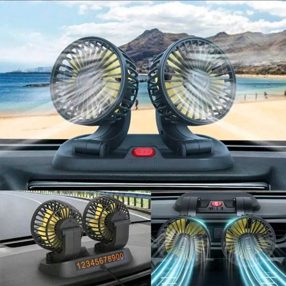 For Car Vehicle Truck 12V 360° Rotatable Dual Head Fan Cooler Air Fan Portable